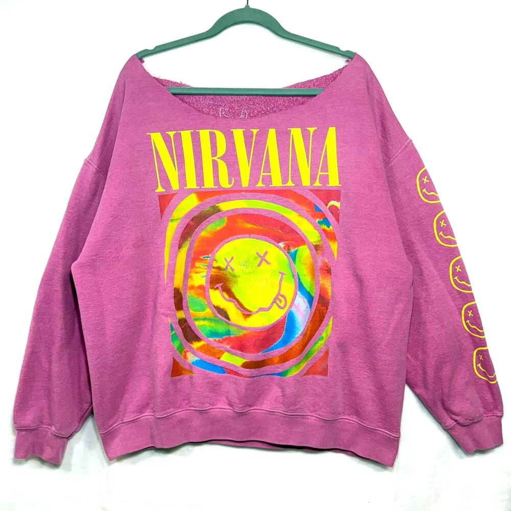 Nirvana S/M Dyed Sweatshirt Pink UO Oversized Grunge Off-Shoulder Smile Sleeve - Picture 2 of 9